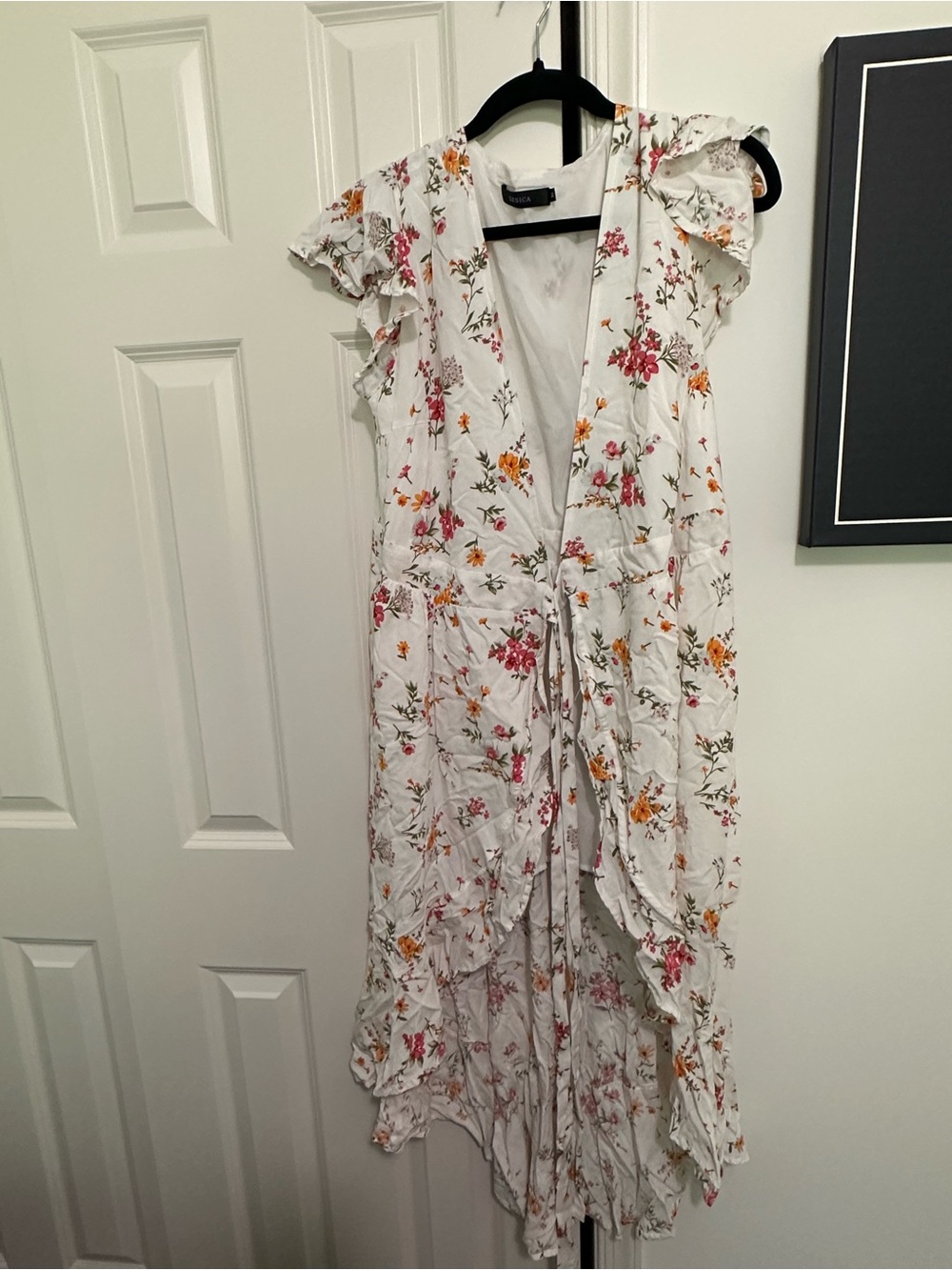Floral White High-Low Wrap Dress with Ruffle Details